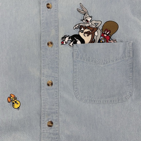 Vintage Looney Tunes Denim Long Sleeve Mens Size M Embroidered Tweety Taz - Picture 7 of 13